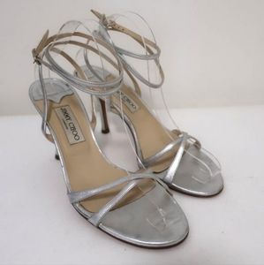 JIMMY CHOO JULIET ANKLE WRAP SANDALS SILVER METALLIC LEATHER HEEL SIZE 40.5